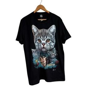 Caballo Mens Tshirt Large Black Cat All Over Print Yarn Kitten Super Glow